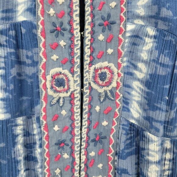 Sleeveless Blue Striped Tiered Ruffle Oversized Dress Sz S Embroidered India - Picture 2 of 10